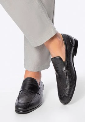 Męskie mokasyny ze skóry z plecionką w jodełkę czarne Wittchen