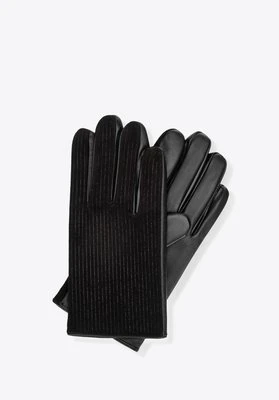 Męskie rękawiczki skórzane w delikatne paski czarne Wittchen
