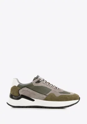 Męskie sneakersy skórzane z zamszowymi wstawkami zielono-szare Wittchen