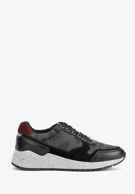 Męskie sneakersy ze skóry na grubej podeszwie czarno-zielone Wittchen