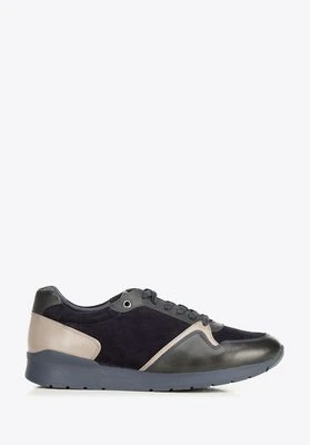 Męskie sneakersy ze skóry zamszowej i licowej granatowe Wittchen