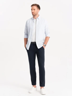 Męskie spodnie chino z ozdobną taśmą w pasie SLIM FIT – granatowe V2 - Rozmiar: L Ombre Clothing