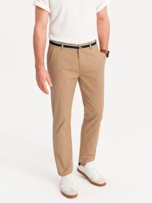Męskie spodnie chino z ozdobną taśmą w pasie SLIM FIT – piaskowe V5 - Rozmiar: M Ombre Clothing