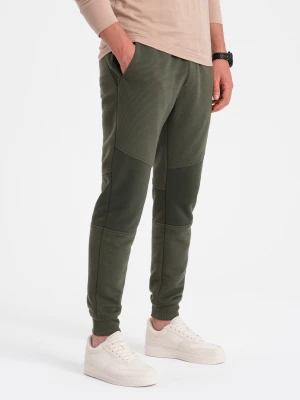 Męskie spodnie dresowe ze wstawkami z tkaniny ottoman - ciemnooliwkowe V3 Ombre Clothing oliwkowy