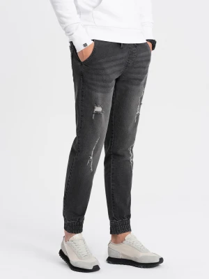 Męskie spodnie jeansowe JOGGERY z przetarciami - czarne V2 - Rozmiar: L Ombre Clothing