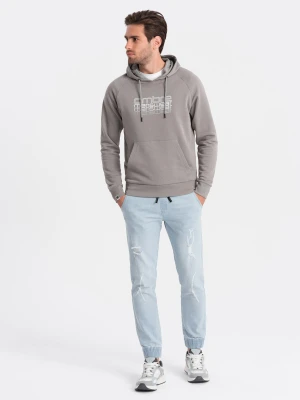Męskie spodnie jeansowe JOGGERY z przetarciami - jasnoniebieskie V1 - Rozmiar: L Ombre Clothing