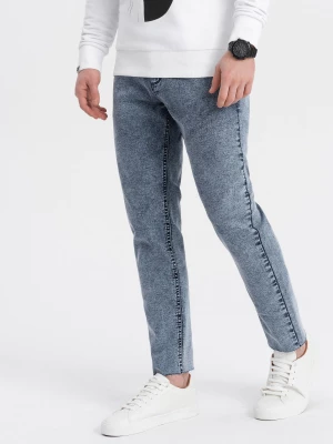 Męskie spodnie jeansowe marmurkowe z surowo wykończoną nogawką SLIM FIT - ciemnoniebieskie V4 OM-PADP-0146
 -                                    S