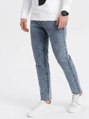 Męskie spodnie jeansowe marmurkowe z surowo wykończoną nogawką SLIM FIT - ciemnoniebieskie V4 Ombre Clothing