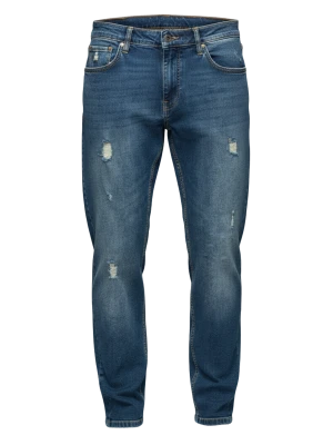 Męskie spodnie jeansowe REGULAR FIT z przetarciami - ciemnoniebieskie V2 - Rozmiar: L Ombre Clothing