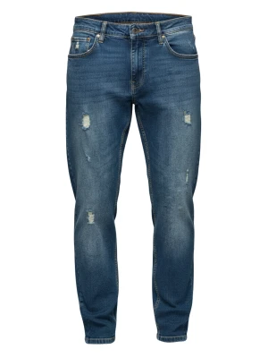 Męskie spodnie jeansowe REGULAR FIT z przetarciami - ciemnoniebieskie V2 - Rozmiar: S Ombre Clothing