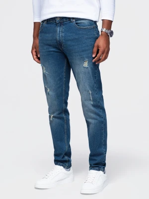Męskie spodnie jeansowe REGULAR FIT z przetarciami - ciemnoniebieskie V2 - Rozmiar: XL Ombre Clothing