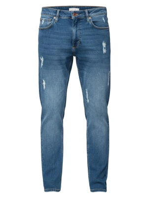 Męskie spodnie jeansowe SLIM FIT z przetarciami - ciemnoniebieskie V2 - Rozmiar: L Ombre Clothing