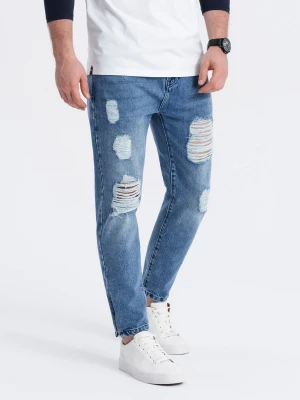 Męskie spodnie jeansowe taper fit z dziurami - niebieskie V3 - Rozmiar: M Ombre Clothing