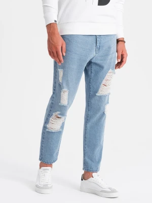 Męskie spodnie jeansowe TAPERED FIT z dziurami – jasnoniebieskie V1 - Rozmiar: L Ombre Clothing