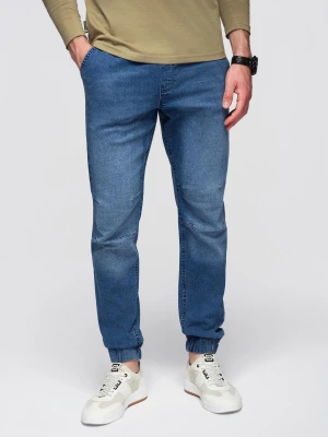 Męskie spodnie JOGGERY jeansowe z efektem sprania - niebieskie V2 - Rozmiar: L Ombre Clothing