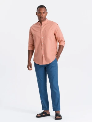 Męskie spodnie podwijane chino z dodatkiem lnu – niebieski denim V5 - Rozmiar: S Ombre Clothing