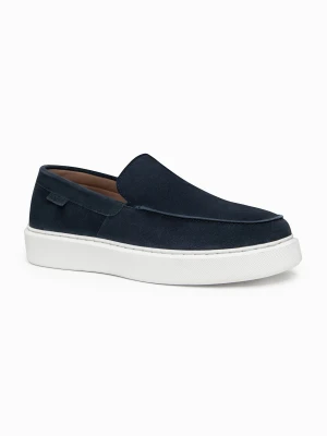 Męskie zamszowe półbuty slip on na grubej podeszwie – granatowe V4 - Rozmiar: 46 Ombre Clothing