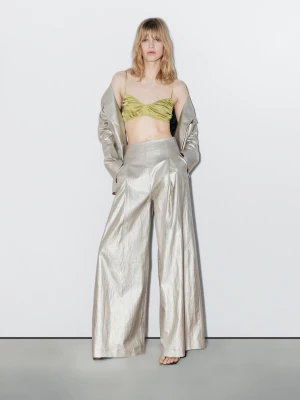 Metaliczne Spodnie Z Mieszanki Lnu − Studio - Srebrny - - Massimo Dutti - Kobieta