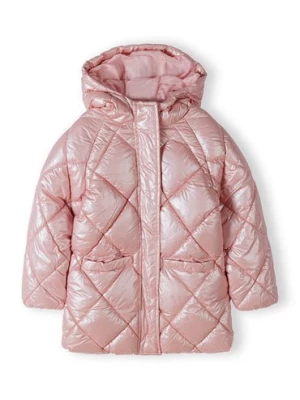 Metaliczny pikowany ocieplany płaszcz z kapturem dla dziewczynki- różowy Minoti