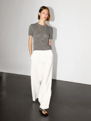 Metaliczny Sweter Z Dzianiny Z Krótkim Rękawem - Szary Średni - - Massimo Dutti - Kobieta