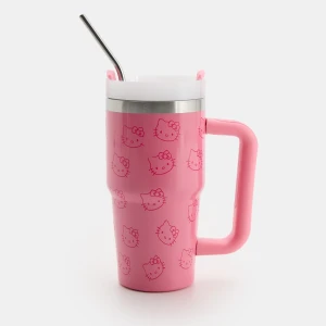 Metalowy rózowy kubek ze słomką i motywem Hello Kittty House