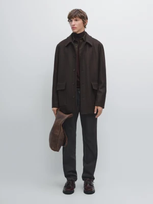 Mid-Length Herringbone Wool Blend Coat - Czekoladowy - - Massimo Dutti - Male