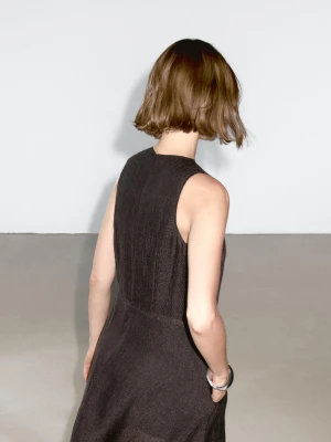 Midi Dress 100% Linen Frayed Finish - Czekoladowy - - Massimo Dutti - Female