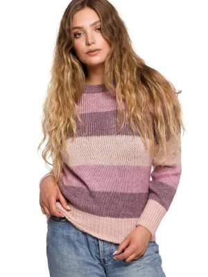 Mięciutki wełniany sweter w kolorowe paski różowy Polskie swetry