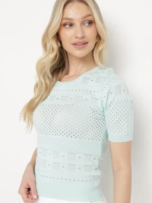 Miętowa Ażurowa Bluzka z Krótkim Rękawem Alirada rosa