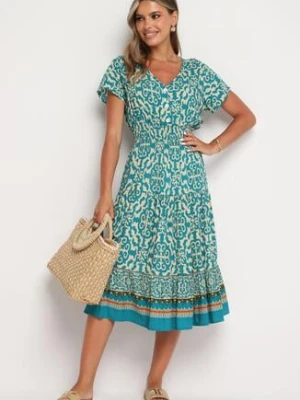 Miętowa Bawełniana Sukienka z Dekoltem w Serek Zapinana na Guziki z Gumką w Pasie Kelea defox