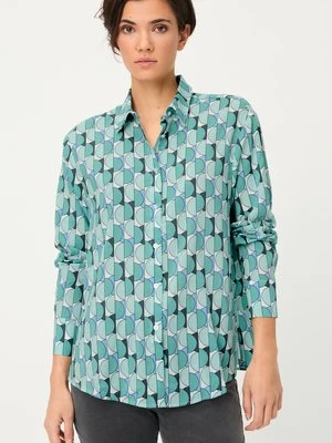 Miętowa bawełniano-wiskozowa koszula damska z geometrycznym wzorem – Soft Vibes Olsen