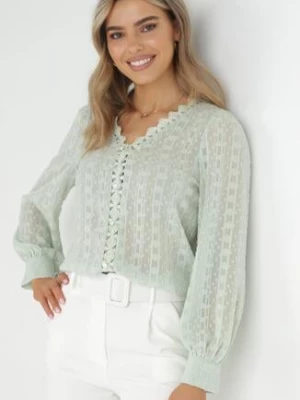 Miętowa Bluzka z Metaliczną Nitką i Koronkową Wstawką Cinoute elsa.m by may