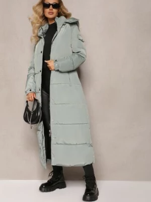 Miętowa Długa Kurtka Płaszcz z Pikowaniem i Odpinanym Kapturem Mystaris ann gissy