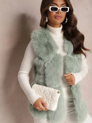 Miętowa Futrzana Kamizelka z Wstawkami z Ekoskóry Lewja k-th