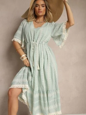 Miętowa Rozkloszowana Sukienka Boho z Bawełny Zdobiona Haftem i Wiązaniem Koriruna rosa