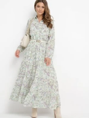 Miętowa Rozkloszowana Sukienka Koszulowa Maxi Zalest rosa