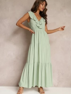 Miętowa Rozkloszowana Sukienka Maxi z Gumką w Talii i Falbanką Laylani cflo