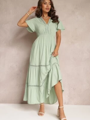 Miętowa Rozkloszowana Sukienka Maxi z Gumką w Talii i Koronkowym Dekoltem Cheteia