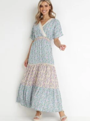 Niebiesko-Miętowa Rozkloszowana Sukienka Maxi z Gumką w Talii i Koronkowym Dekoltem Gerbera moni&co