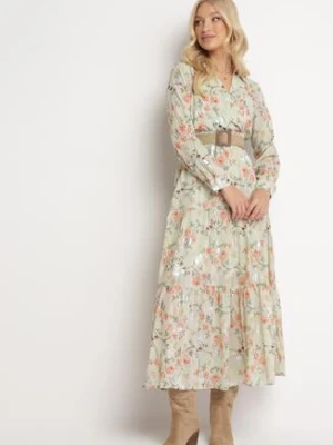 Miętowa Rozkloszowana Sukienka Maxi z Kołnierzykiem i Plecionym Paskiem Celline rosa