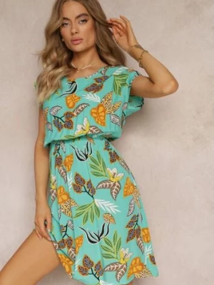 Miętowa Rozkloszowana Sukienka Mini z Gumką w Talii z Wiskozy w Kwiaty Miola j&x