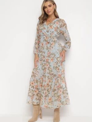 Miętowa Rozkloszowana Sukienka w Kwiaty Maxi z Gumką i Wiązaniem w Pasie Manirisa rosa