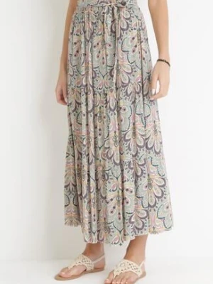 Miętowa Spódnica Maxi z Wiskozy z Gumką w Pasie w Kwiaty Maizla cflo