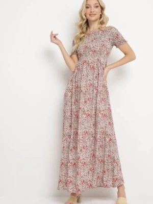Różowa Sukienka Hiszpanka Długa z Bawełny w Kwiatowy Print Mrosa