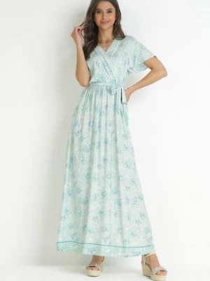 Miętowa Sukienka Kopertowa z Wiskozy z Gumką w Talii i Metalicznym Wzorem Hollisa cflo