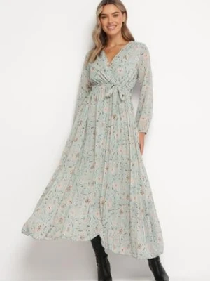 Miętowa Sukienka Maxi z Gumką w Talii i Plisowanym Dółem Danora rosa