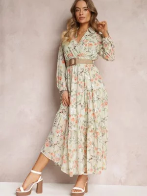 Miętowa Sukienka Maxi z Plecionym Paskiem i Gumką w Talii w Kwiaty Elanisa rosa