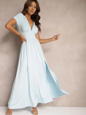 Miętowa Sukienka Maxi z Rozkloszowanym Dołem i Rozcięciem Zarya by swan