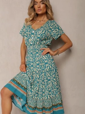 Miętowa Sukienka z Bawełny z Trójkątnym Dekoltem i Gumką w Talii Zapinana na Guziki Lavlea defox