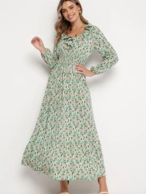 Miętowa Sukienka z Falbanką przy Dekolcie i Szeroką Gumką w Pasie Liyne rosa